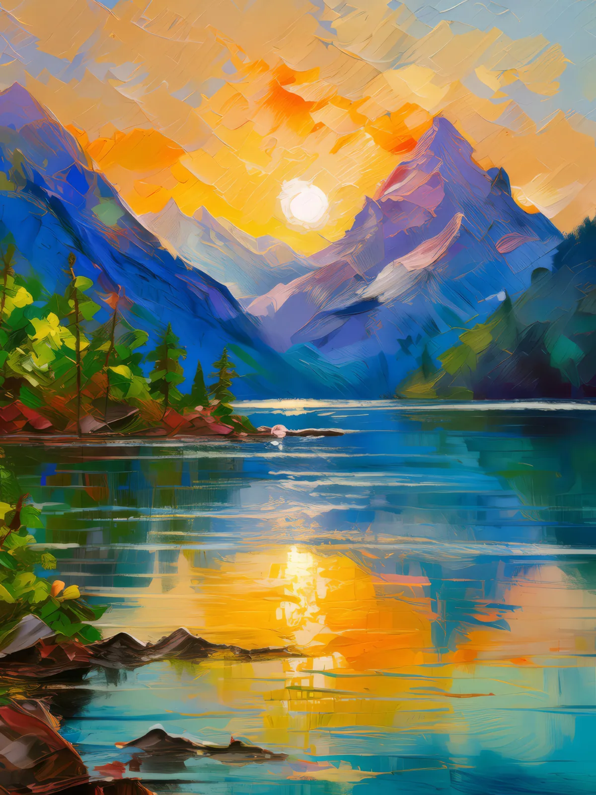 Alpine Lake at Sunset, a palette-knife oil landscape by Emma Mickelberg