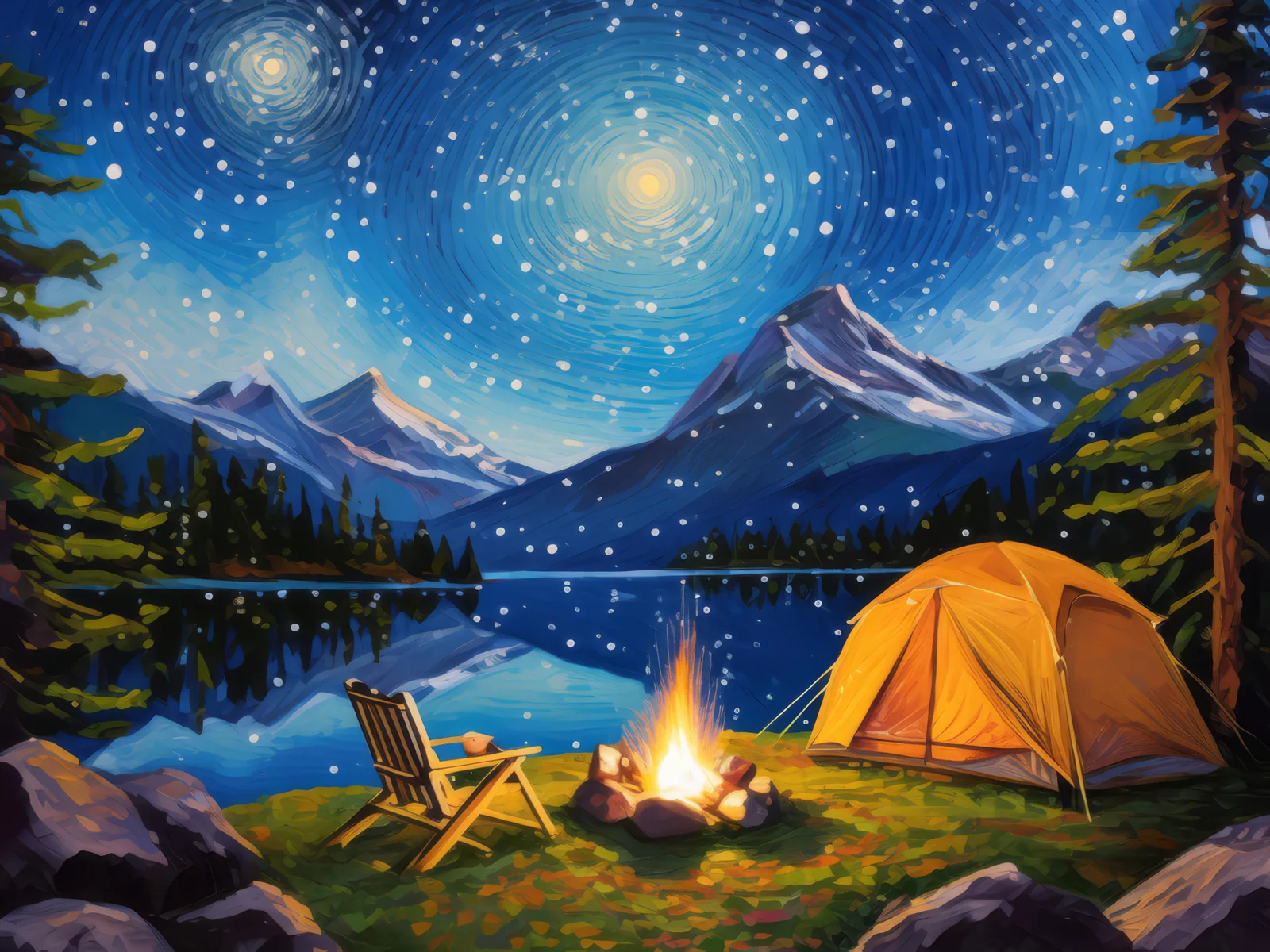 Alpine Lake Camping, a palette-knife oil landscape by Emma Mickelberg