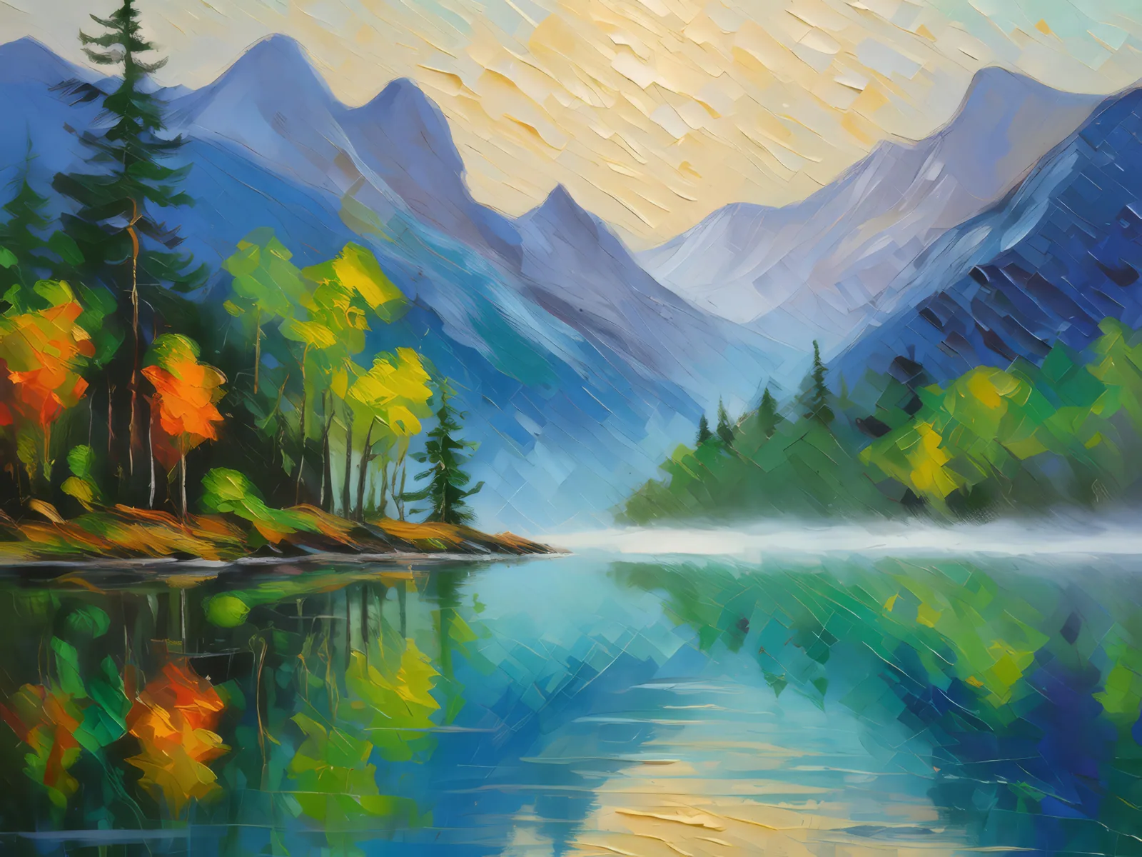 Alpine Lake Morning Fog, a palette-knife oil landscape by Emma Mickelberg