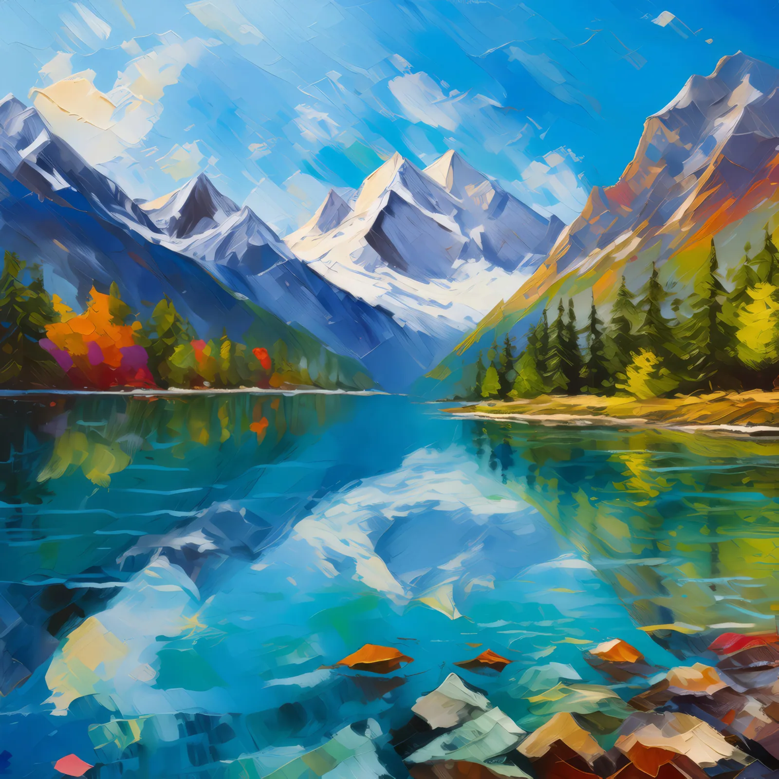 Alpine Lake Reflection, a palette-knife oil landscape by Emma Mickelberg