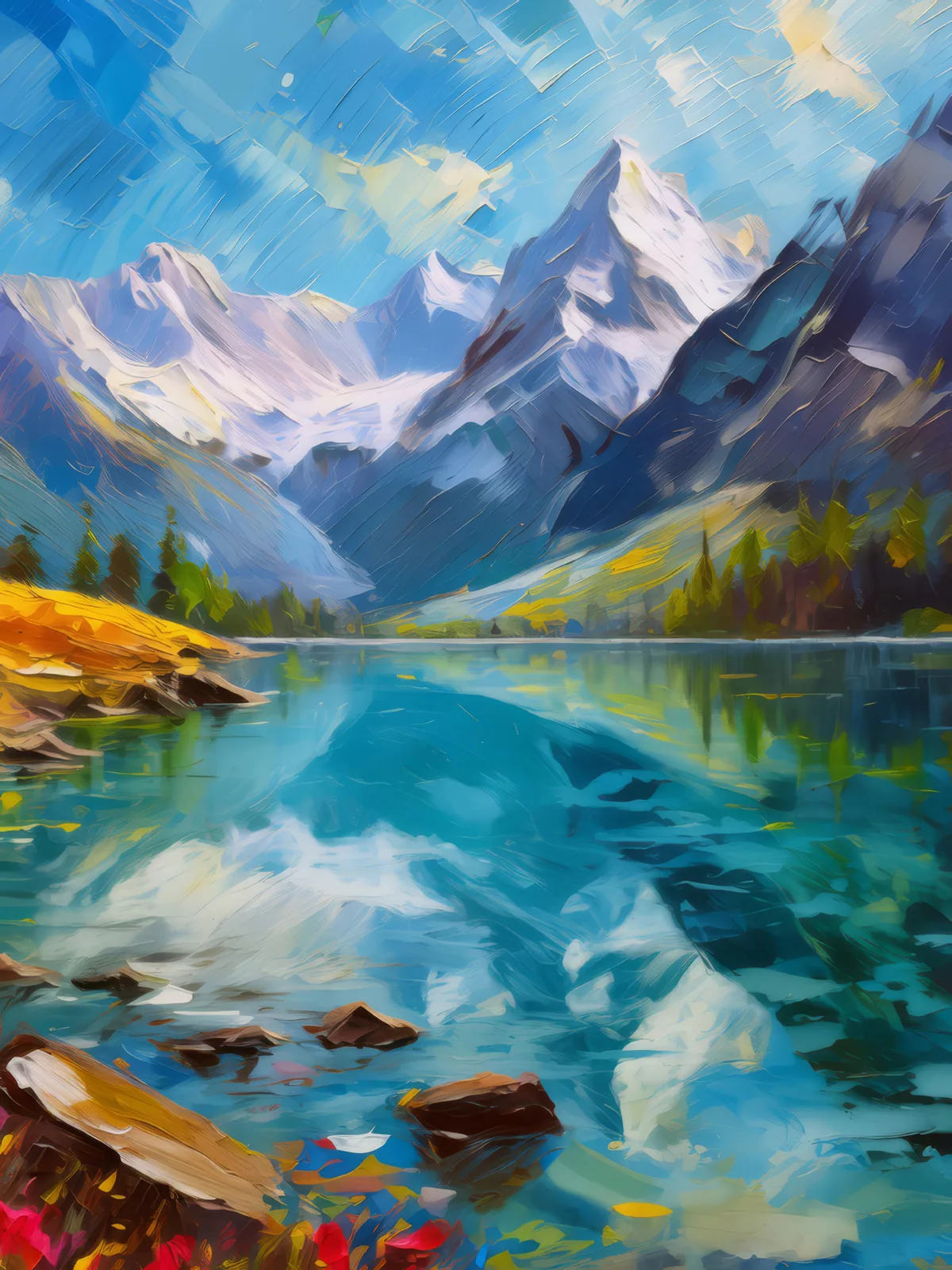 Alpine Lake Serenity, a palette-knife oil landscape by Emma Mickelberg