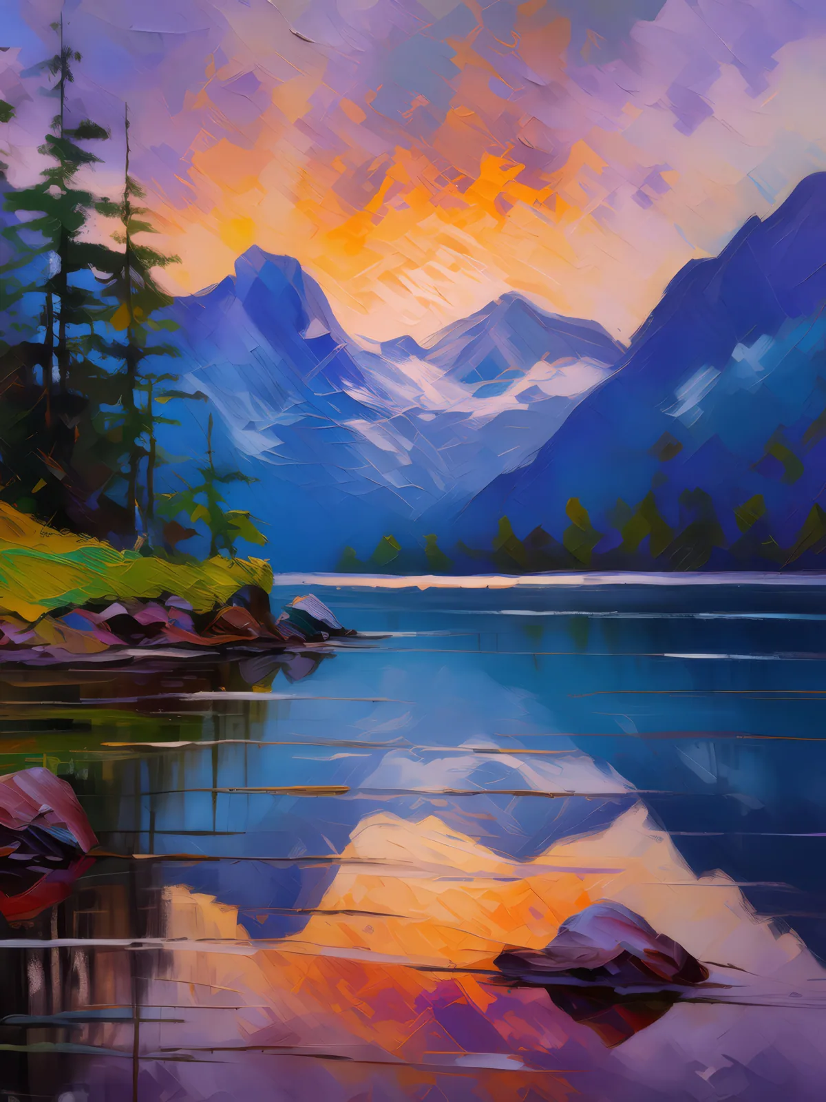 Alpine Lake Twilight, a palette-knife oil landscape by Emma Mickelberg