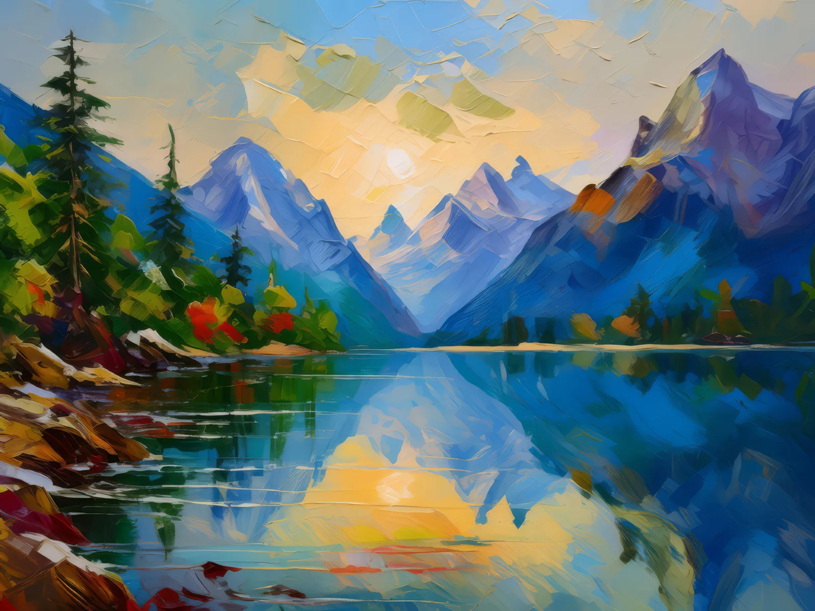 Alpine Lake's Calm, a palette-knife oil landscape by Emma Mickelberg