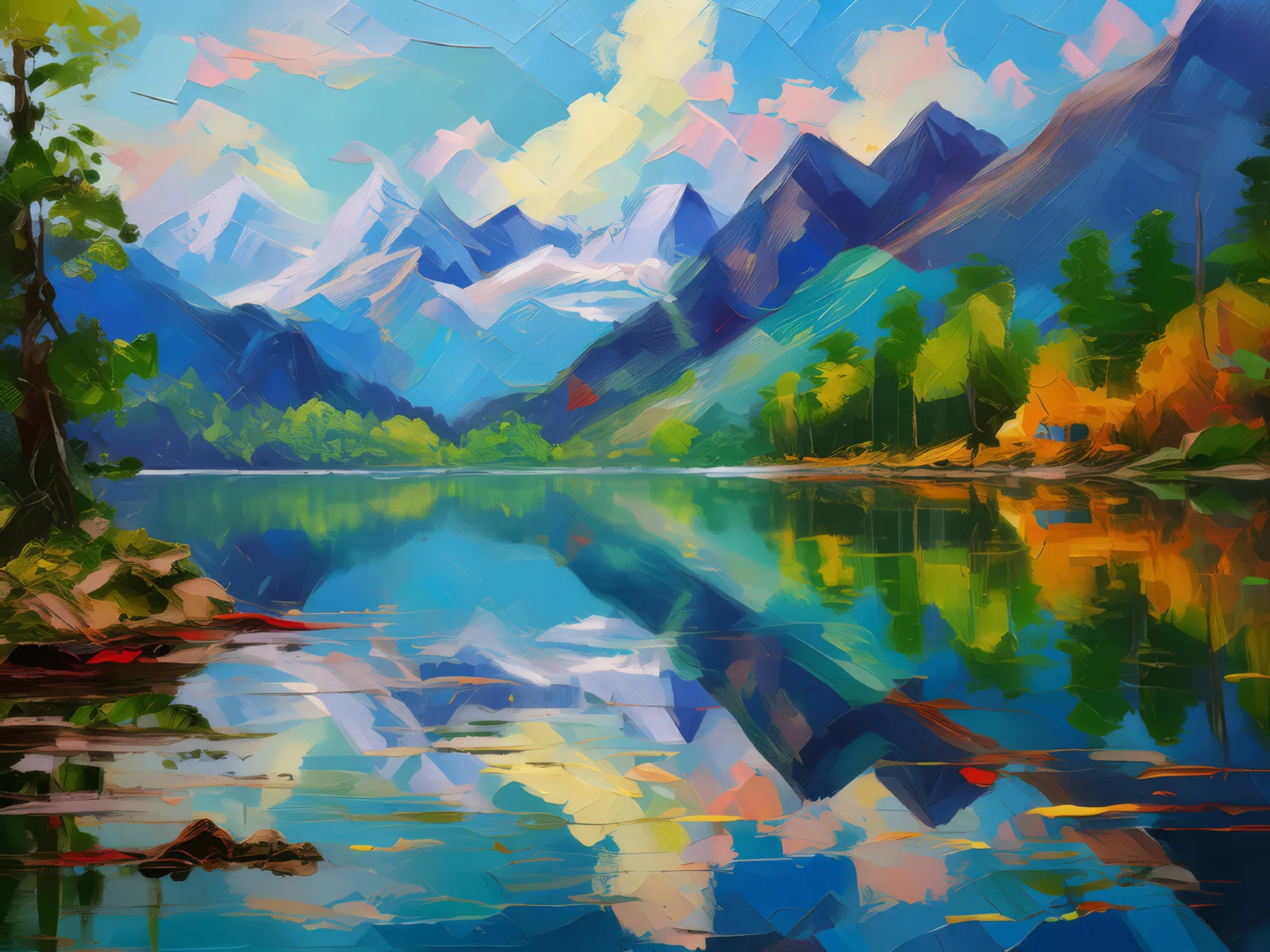 Alpine Lake's Deep Calm, a palette-knife oil landscape by Emma Mickelberg