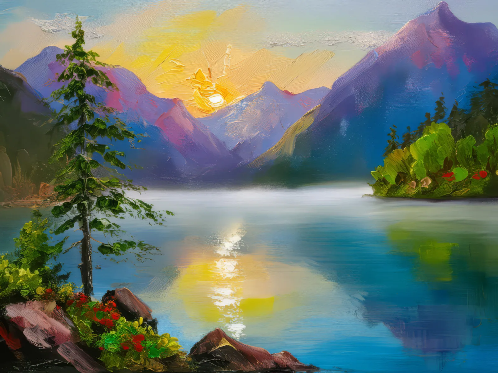 Alpine Lakeside Morning, a palette-knife oil landscape by Emma Mickelberg