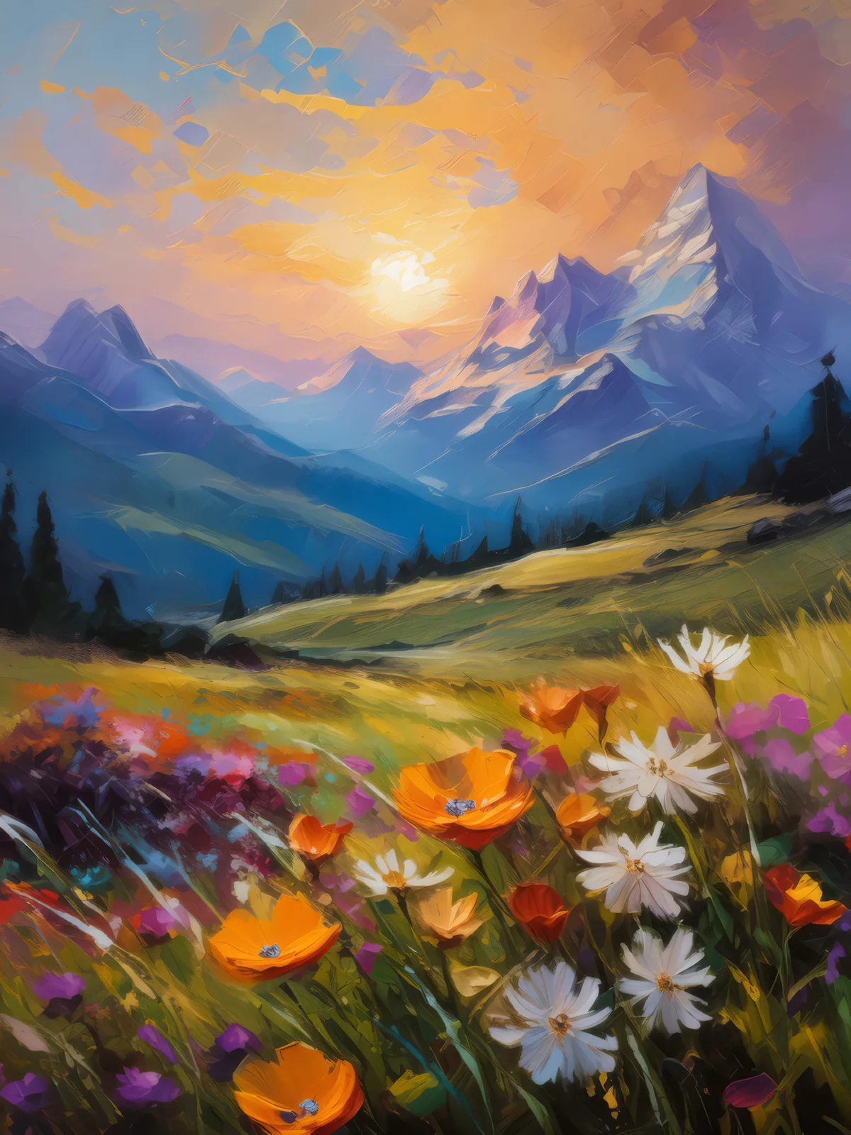 Alpine Meadow at Dusk, a palette-knife oil landscape by Emma Mickelberg