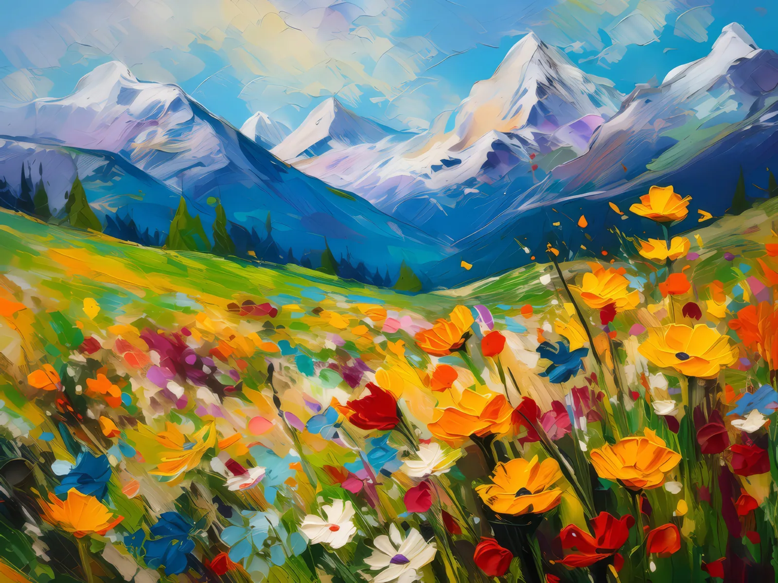 Alpine Meadow Bloom, a palette-knife oil landscape by Emma Mickelberg