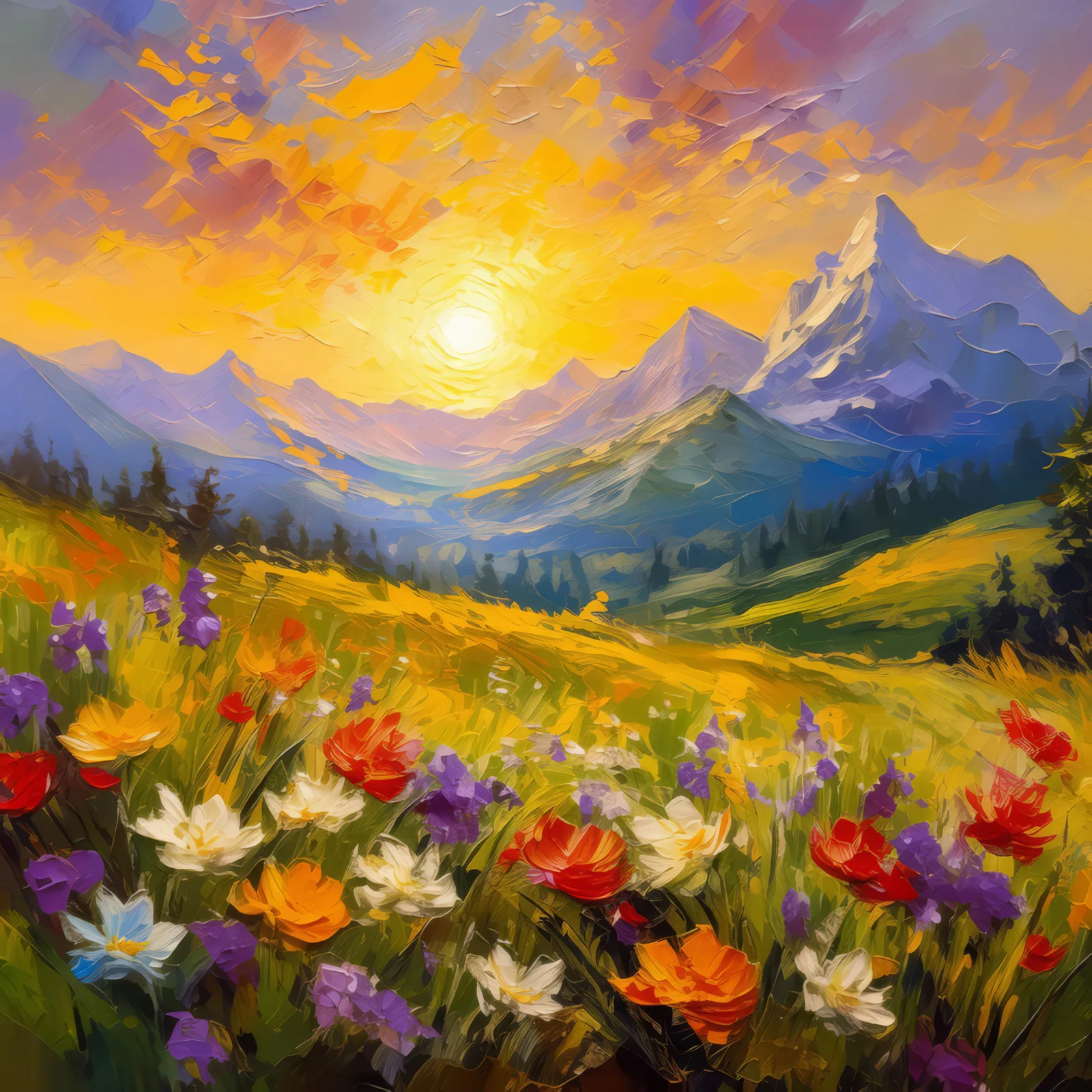 Alpine Meadow Sunrise, a palette-knife oil landscape by Emma Mickelberg