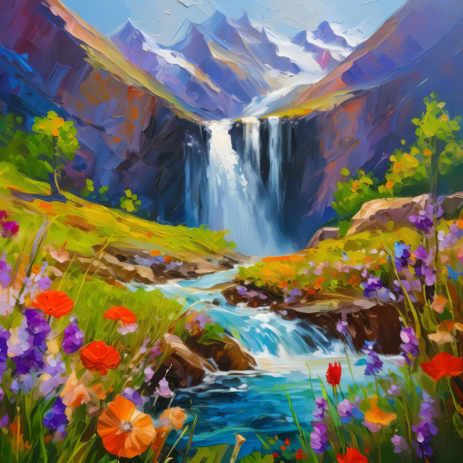 Alpine Meadow Waterfall, a palette-knife oil landscape by Emma Mickelberg