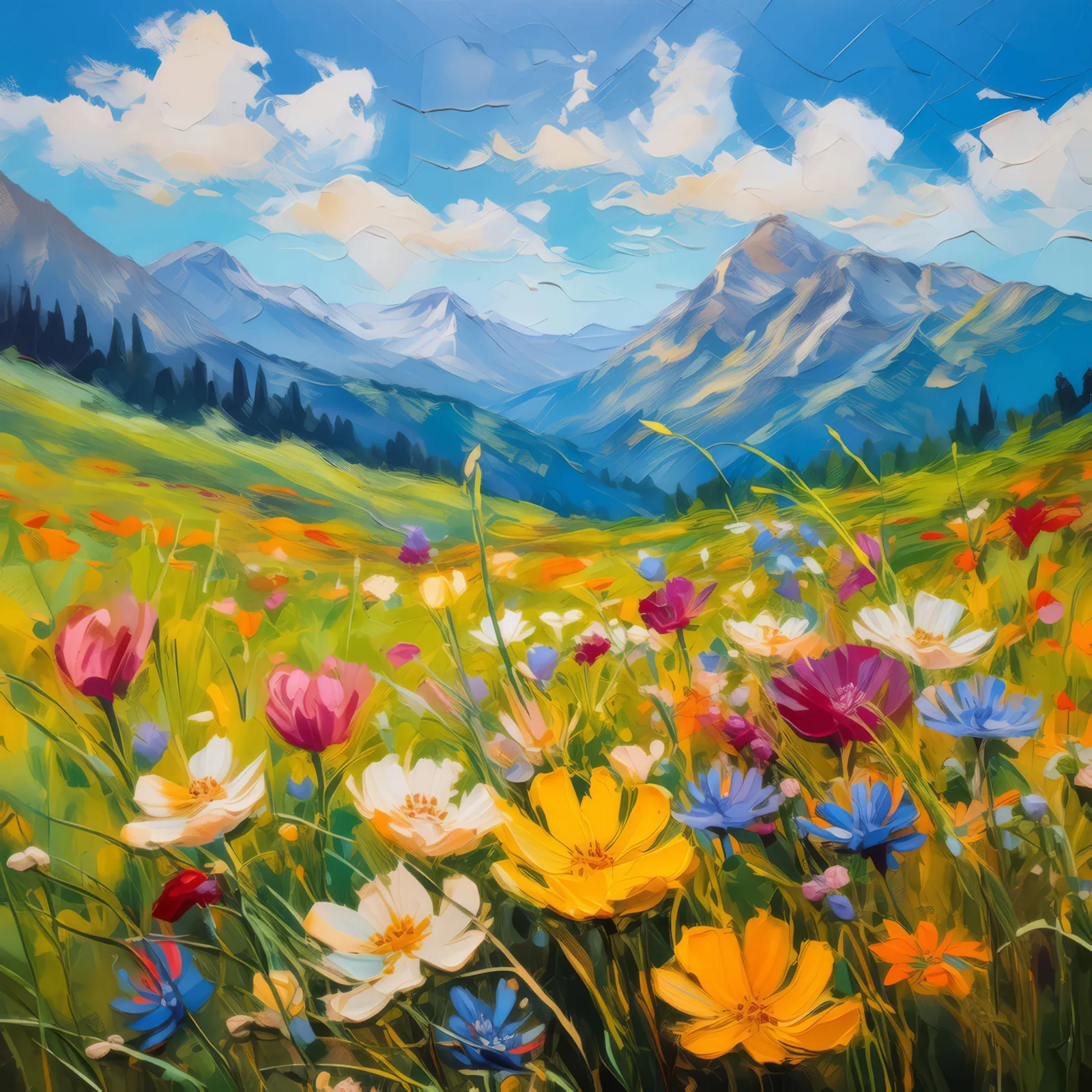 Alpine Meadow Wildflowers, a palette-knife oil landscape by Emma Mickelberg