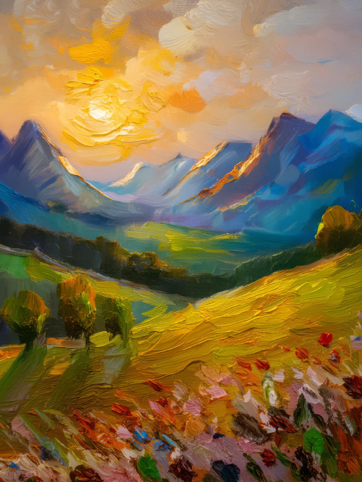 Alpine Meadows at Dawn, a palette-knife oil landscape by Emma Mickelberg
