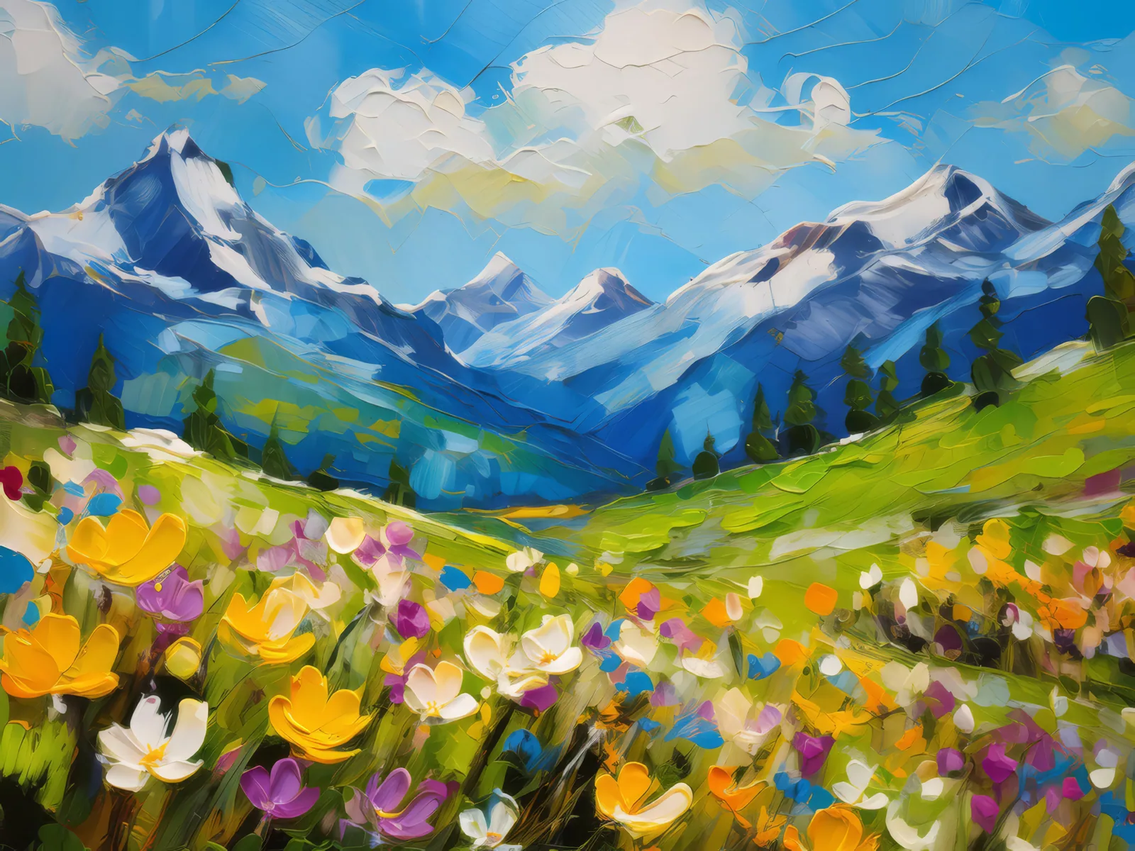 Alpine Meadows Bloom, a palette-knife oil landscape by Emma Mickelberg