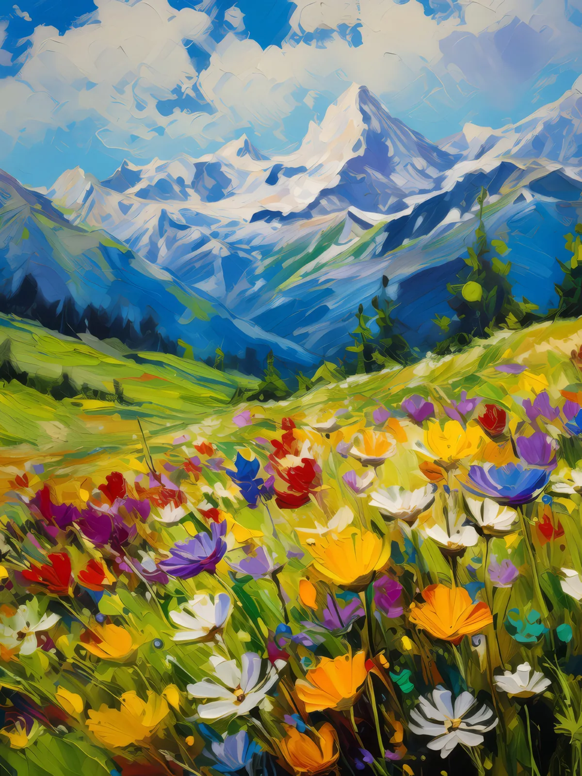Alpine Meadows in Bloom, a palette-knife oil landscape by Emma Mickelberg