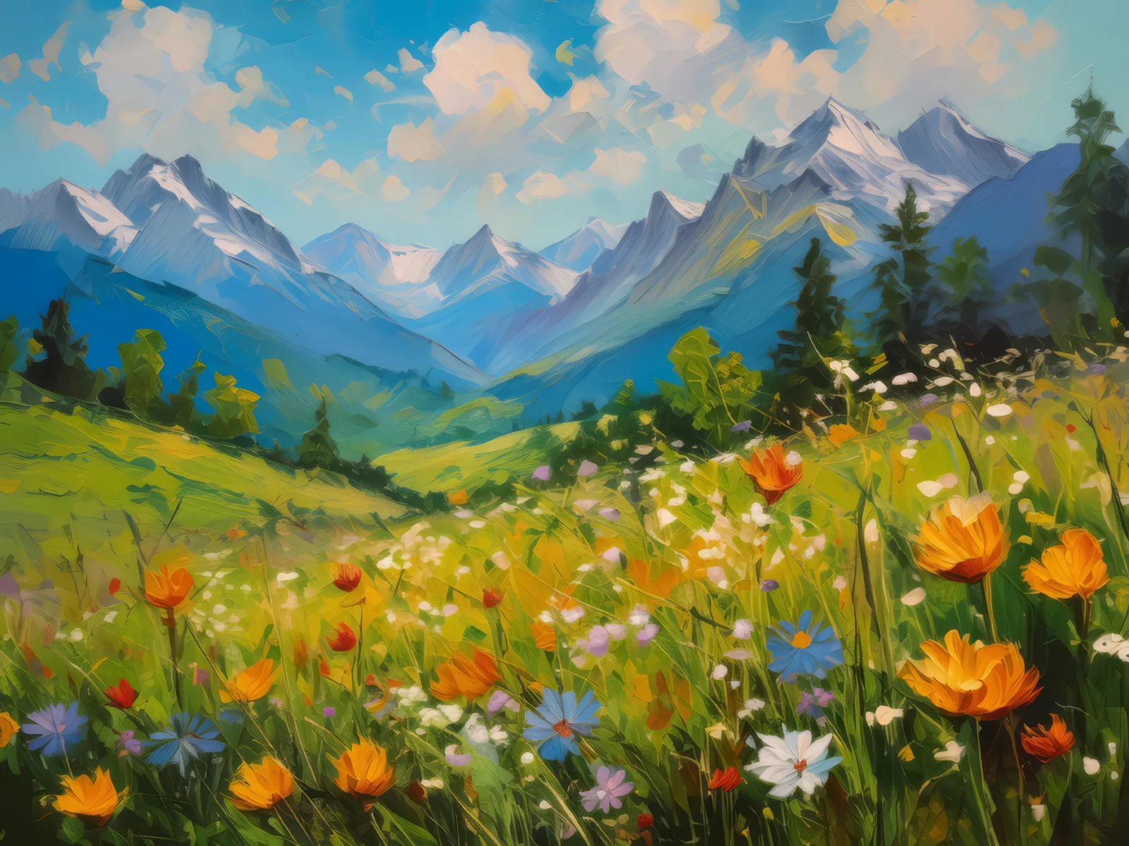 Alpine Meadow's Serenity, a palette-knife oil landscape by Emma Mickelberg