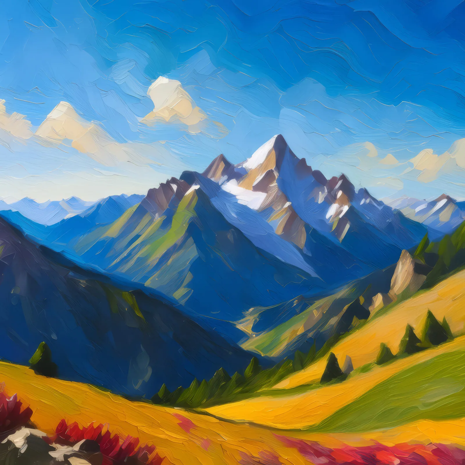 Alpine Mountain Range, a palette-knife oil landscape by Emma Mickelberg