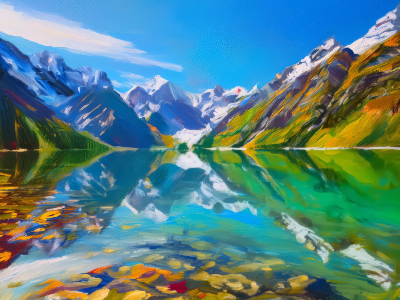 Alpine Mountain Reflection, a palette-knife oil landscape by Emma Mickelberg