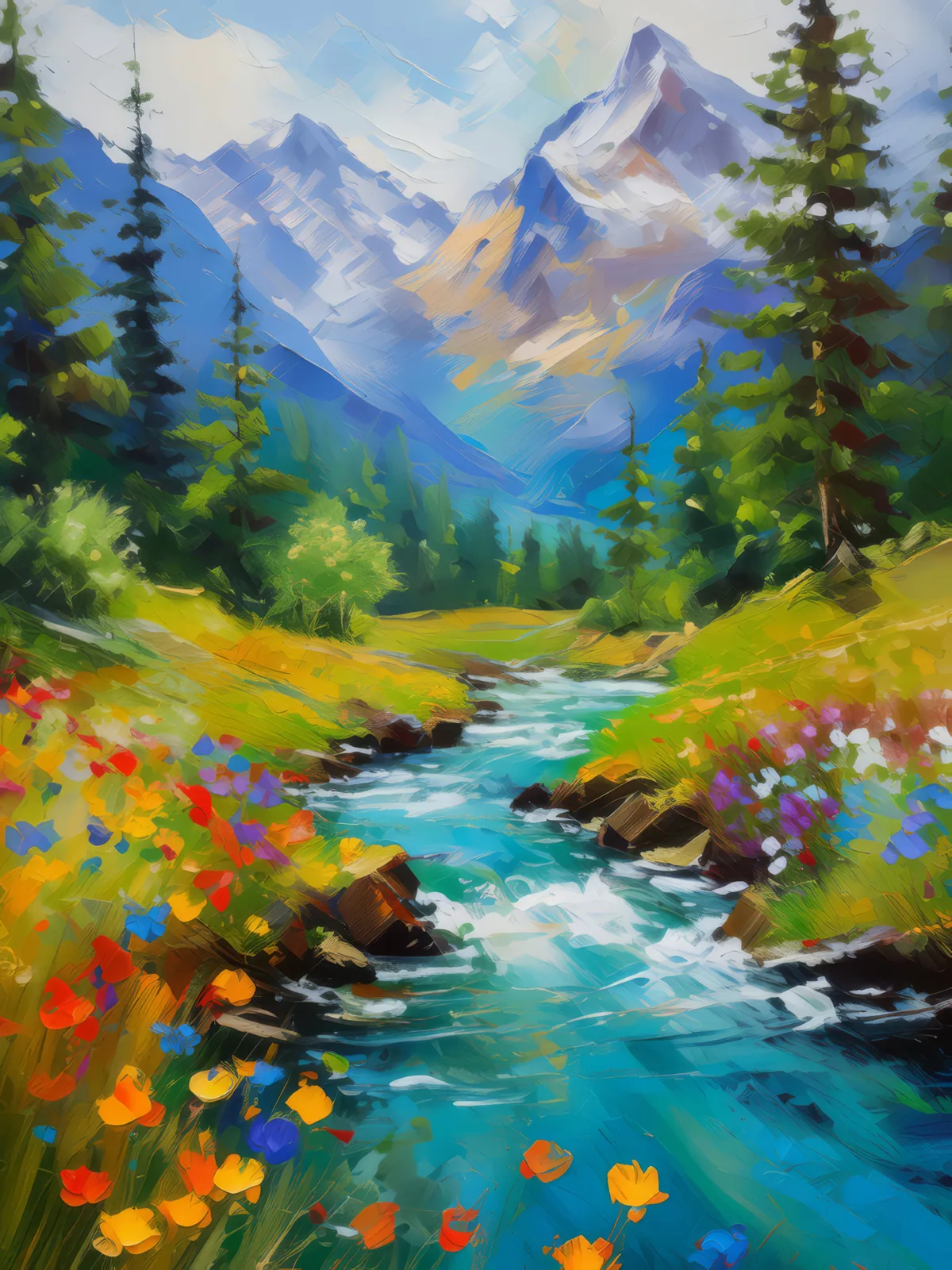 Alpine Mountain Stream, a palette-knife oil landscape by Emma Mickelberg