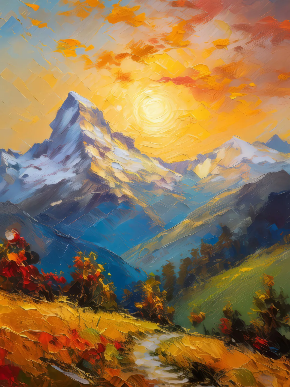 Alpine Mountain Sunrise, a palette-knife oil landscape by Emma Mickelberg