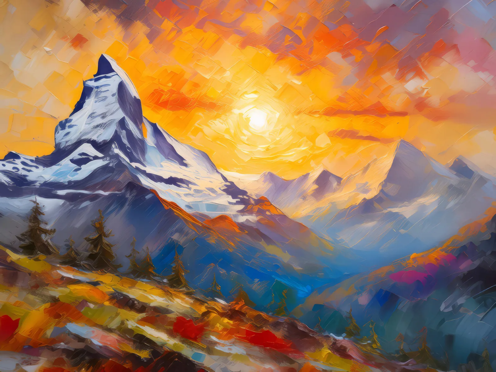 Alpine Mountain Sunset, a palette-knife oil landscape by Emma Mickelberg