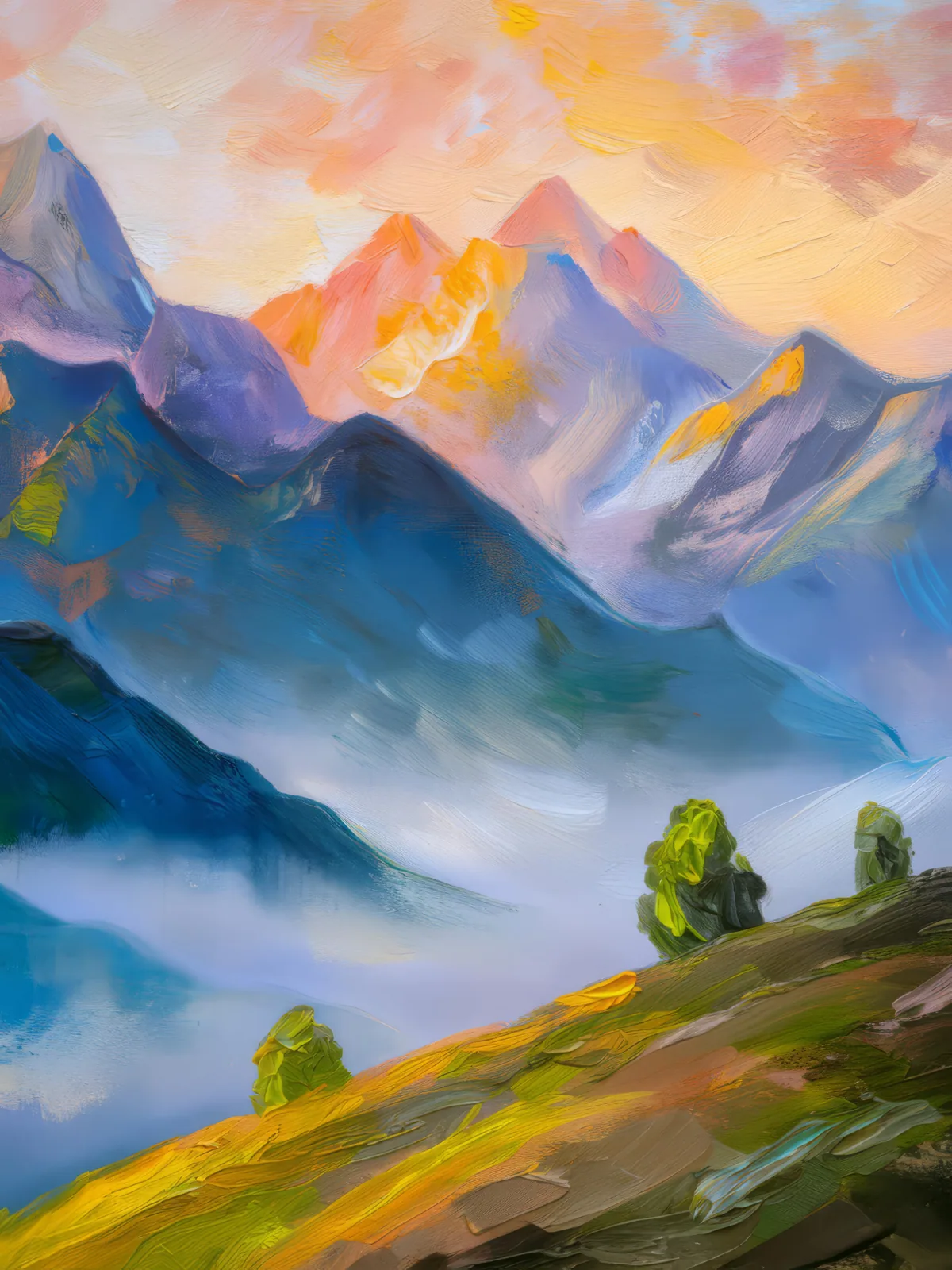 Alpine Peaks at Dawn, a palette-knife oil landscape by Emma Mickelberg