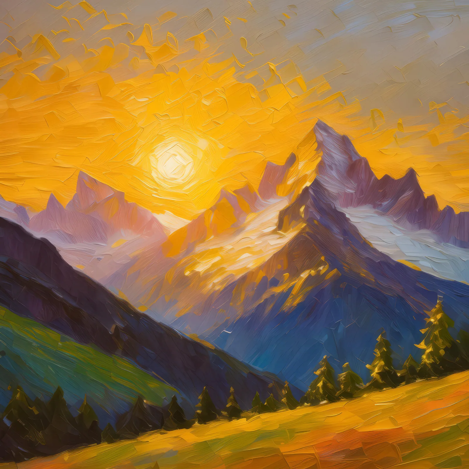 Alpine Peaks at Sunset, a palette-knife oil landscape by Emma Mickelberg