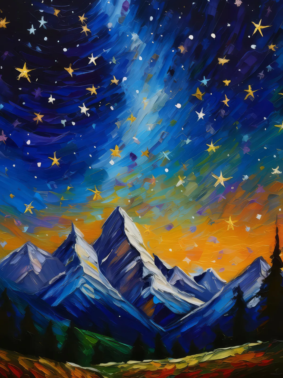 Alpine Peaks Under Stars, a palette-knife oil landscape by Emma Mickelberg