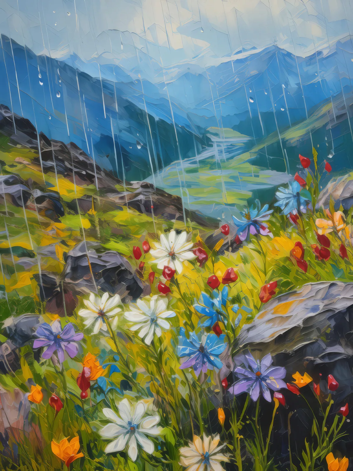 Alpine Rain Shower, a palette-knife oil landscape by Emma Mickelberg