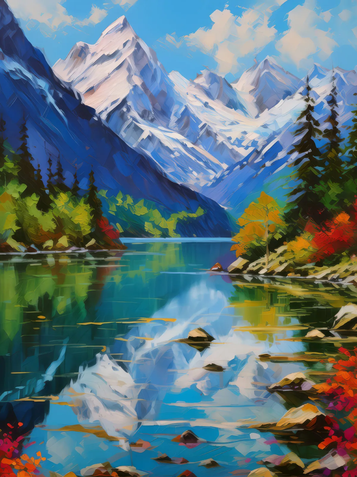 Alpine Reflection Perfection, a palette-knife oil landscape by Emma Mickelberg