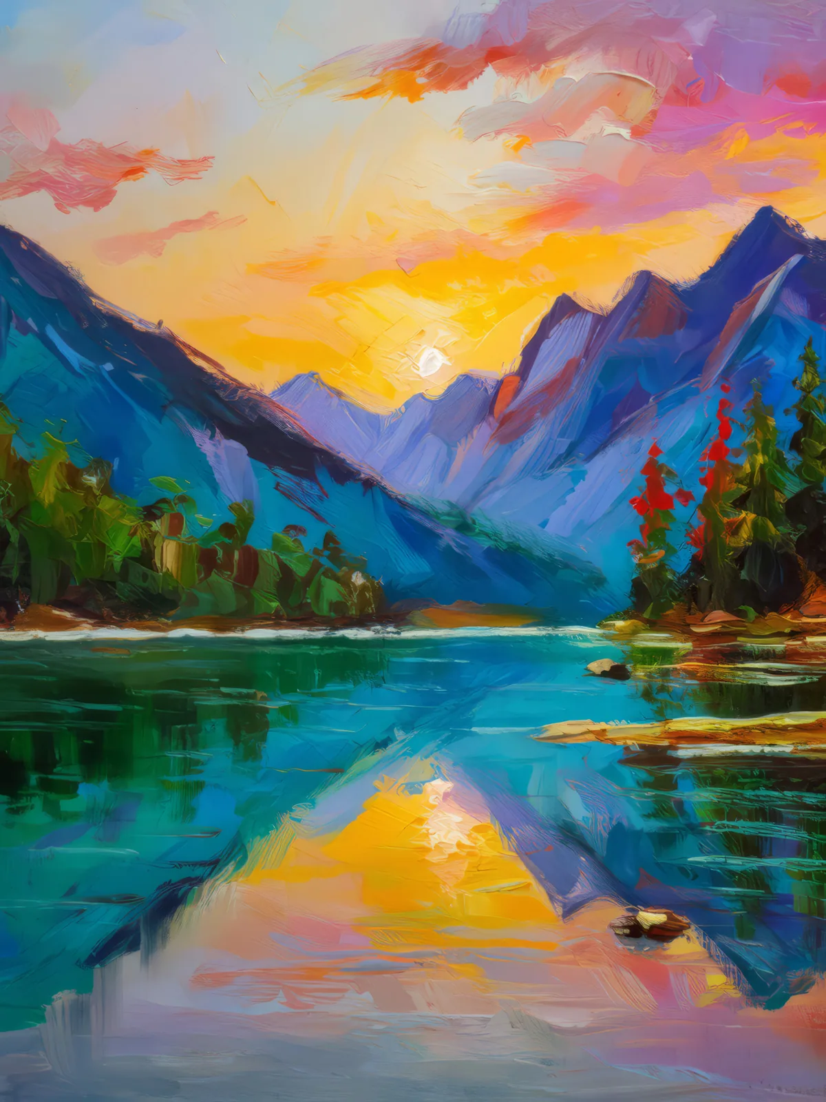 Alpine Reflections at Dawn, a palette-knife oil landscape by Emma Mickelberg