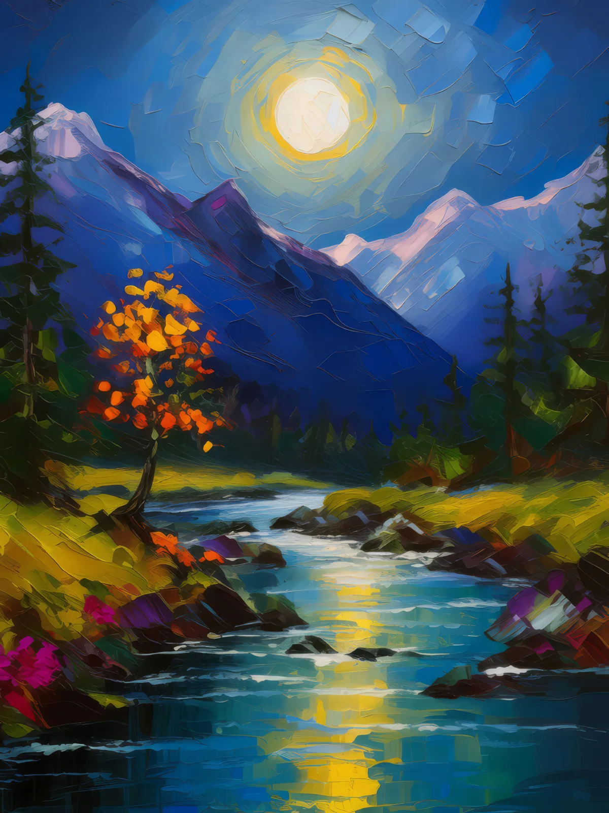 Alpine River by Moonlight, a palette-knife oil landscape by Emma Mickelberg