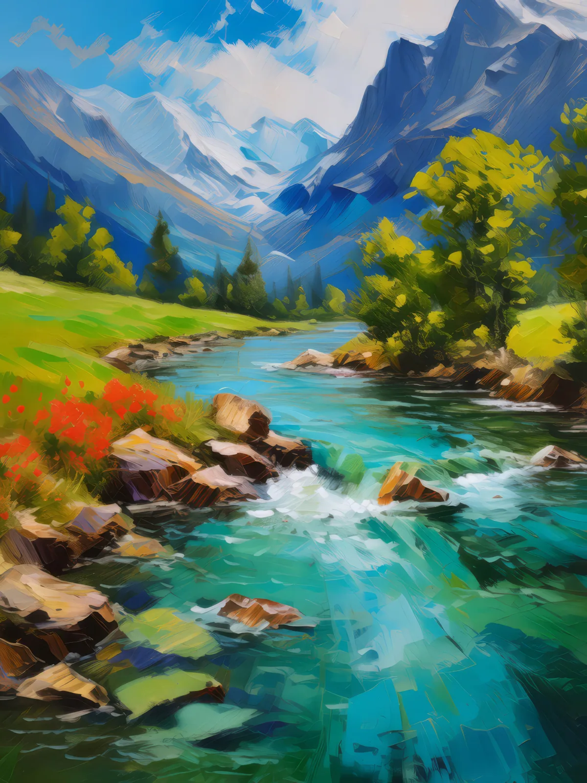 Alpine River Crossing, a palette-knife oil landscape by Emma Mickelberg