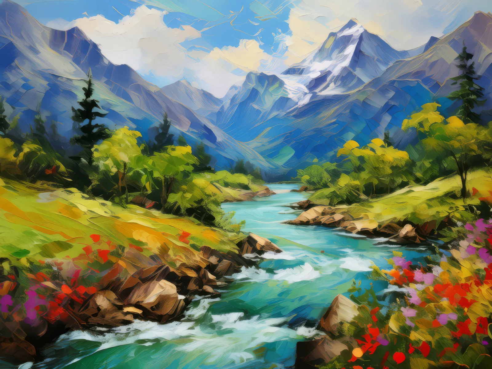 Alpine River Flow, a palette-knife oil landscape by Emma Mickelberg