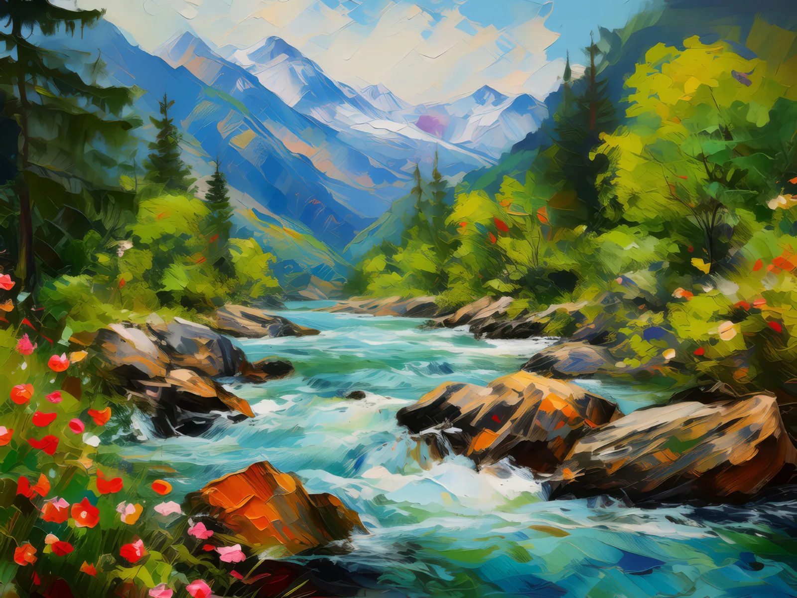 Alpine River Rapids, a palette-knife oil landscape by Emma Mickelberg