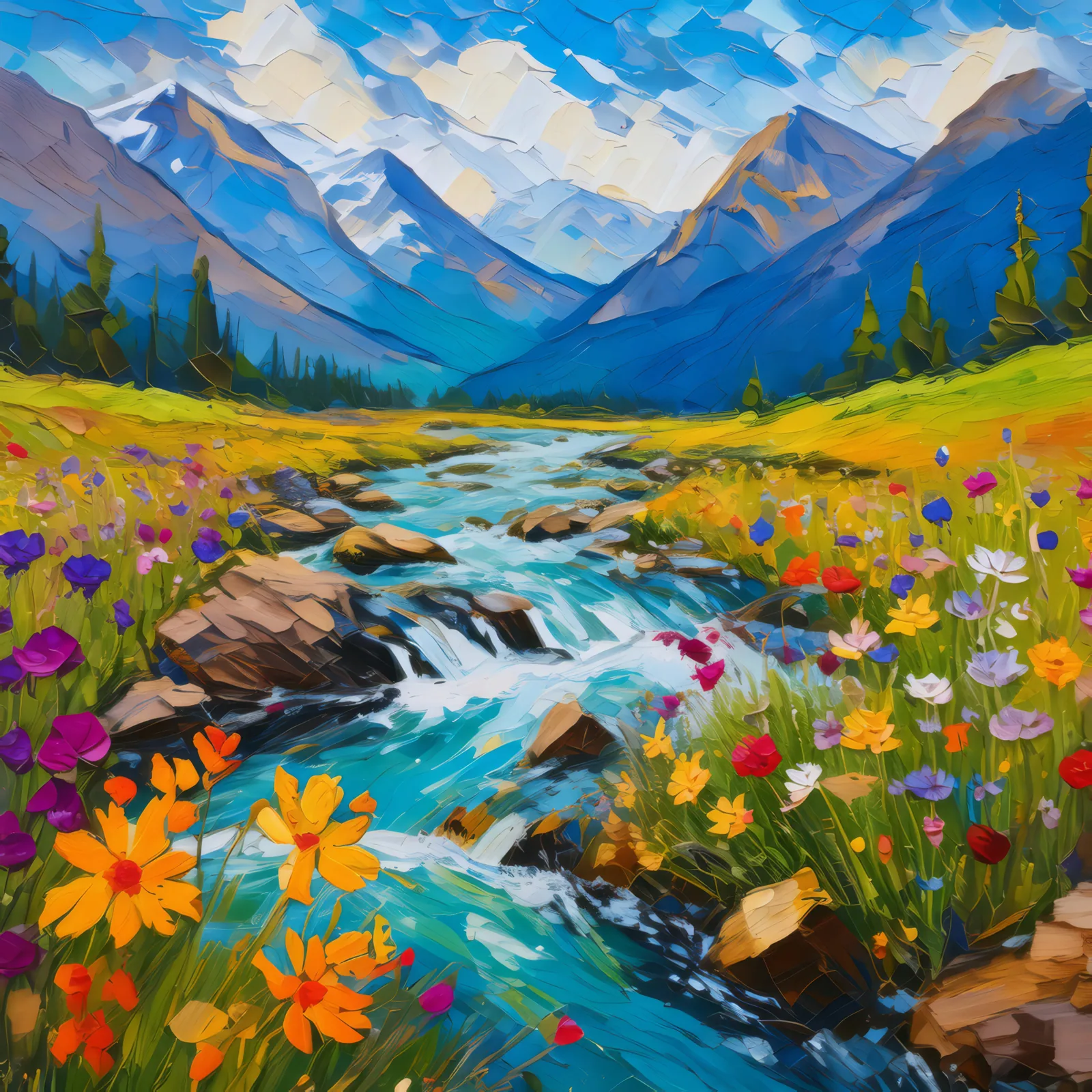 Alpine River Stream, a palette-knife oil landscape by Emma Mickelberg