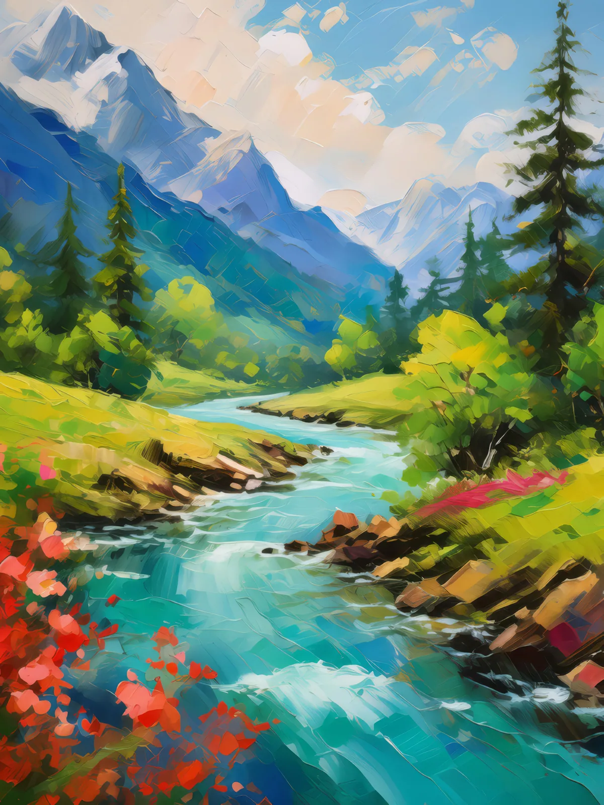 Alpine River's Journey, a palette-knife oil landscape by Emma Mickelberg