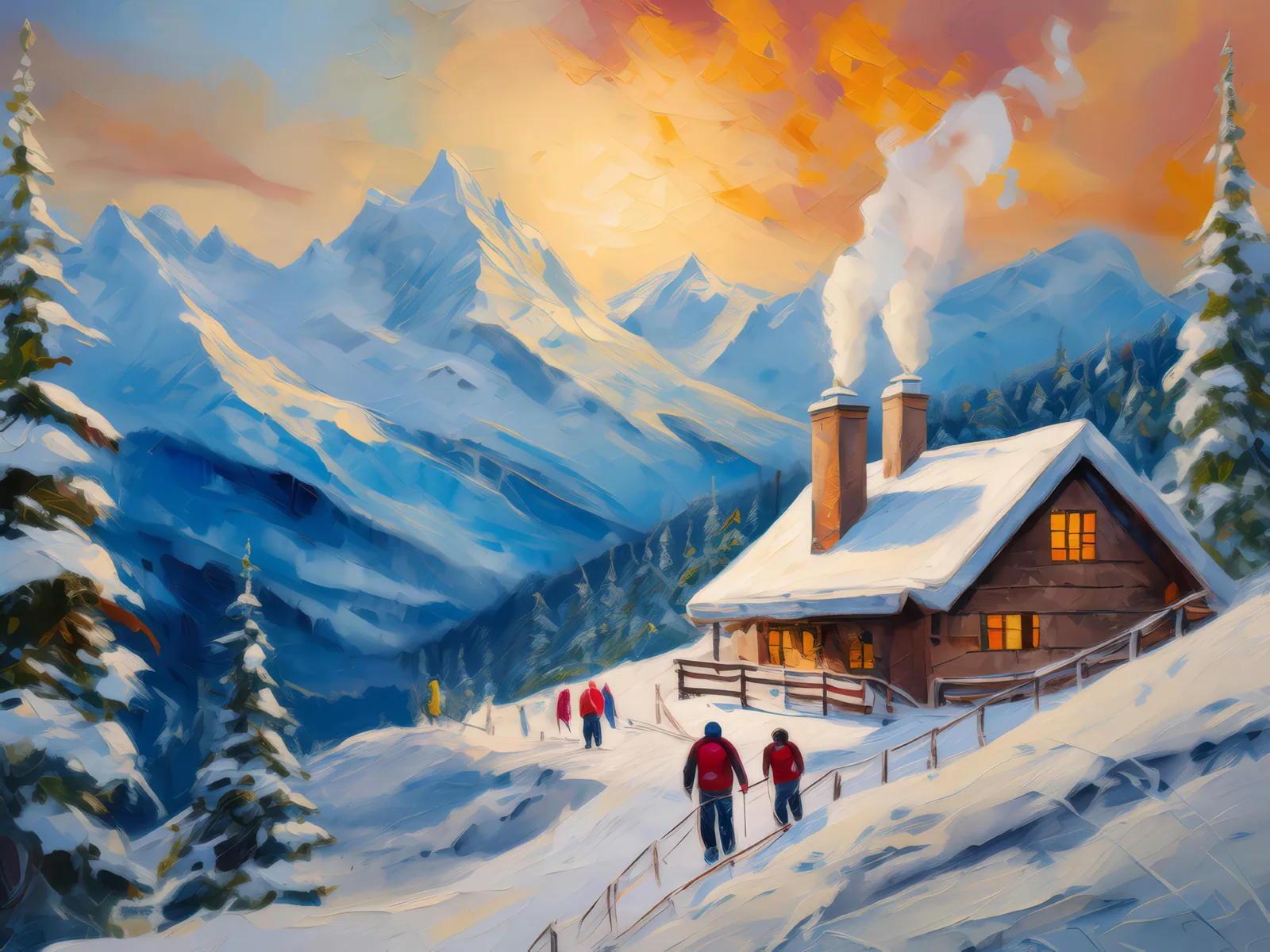 Alpine Ski Lodge, a palette-knife oil landscape by Emma Mickelberg
