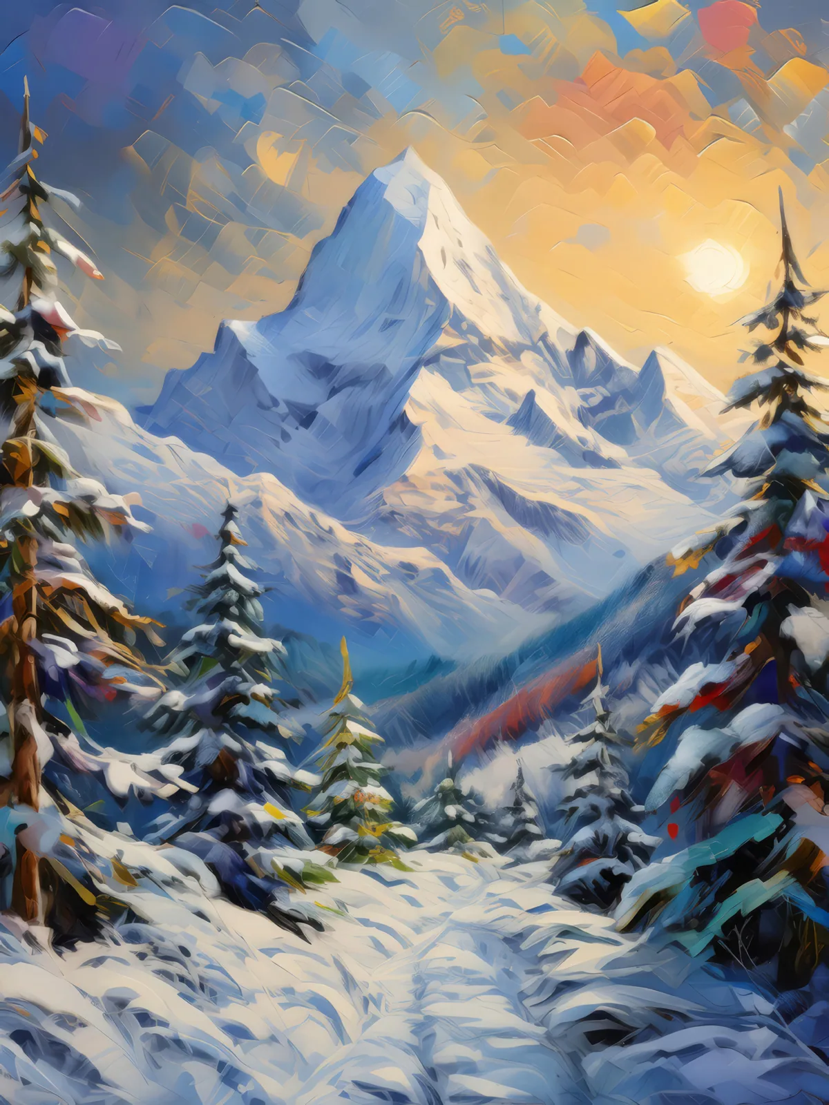 Alpine Snowfall, a palette-knife oil landscape by Emma Mickelberg
