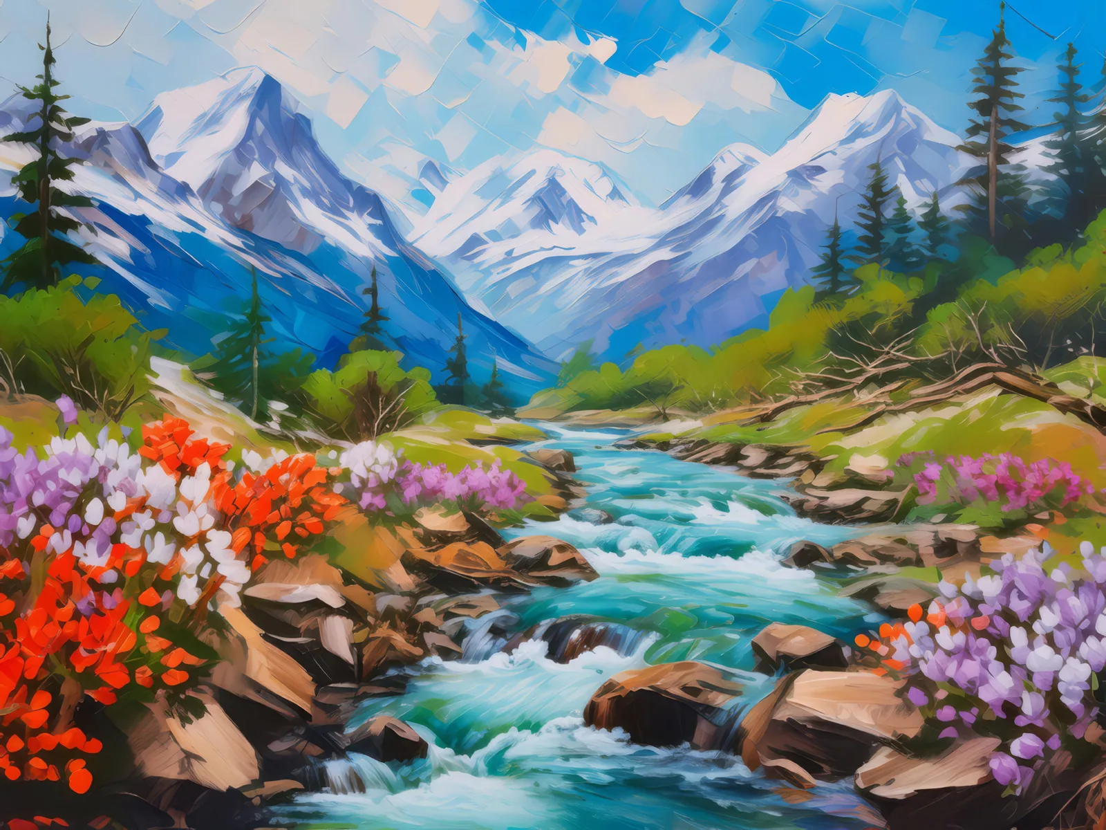 Alpine Spring Awakening, a palette-knife oil landscape by Emma Mickelberg