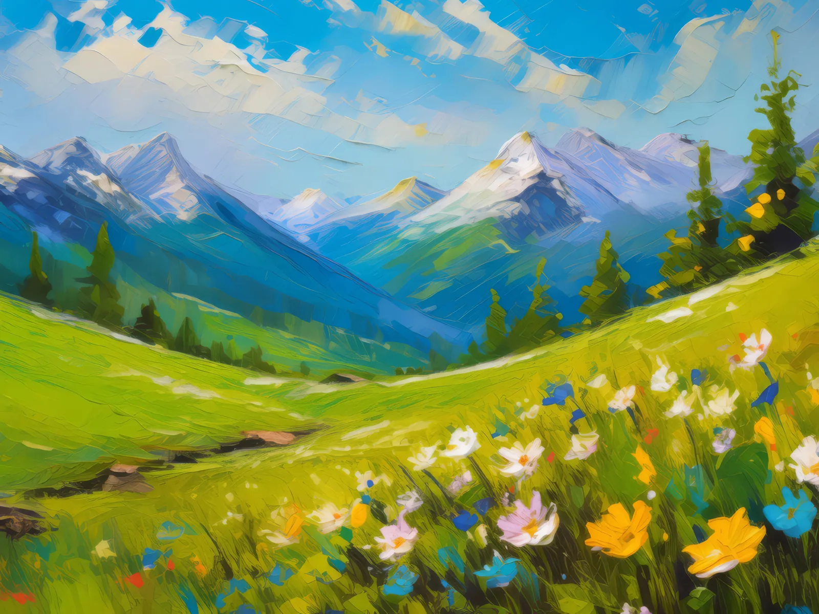 Alpine Spring Blossom, a palette-knife oil landscape by Emma Mickelberg