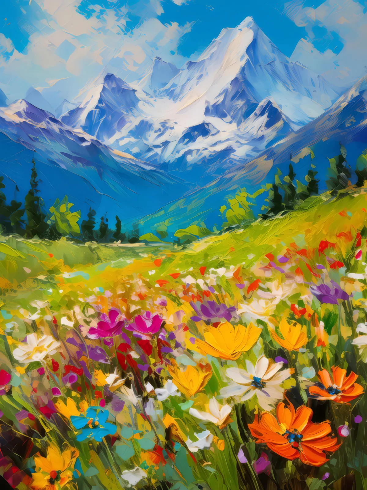 Alpine Spring Meadows, a palette-knife oil landscape by Emma Mickelberg