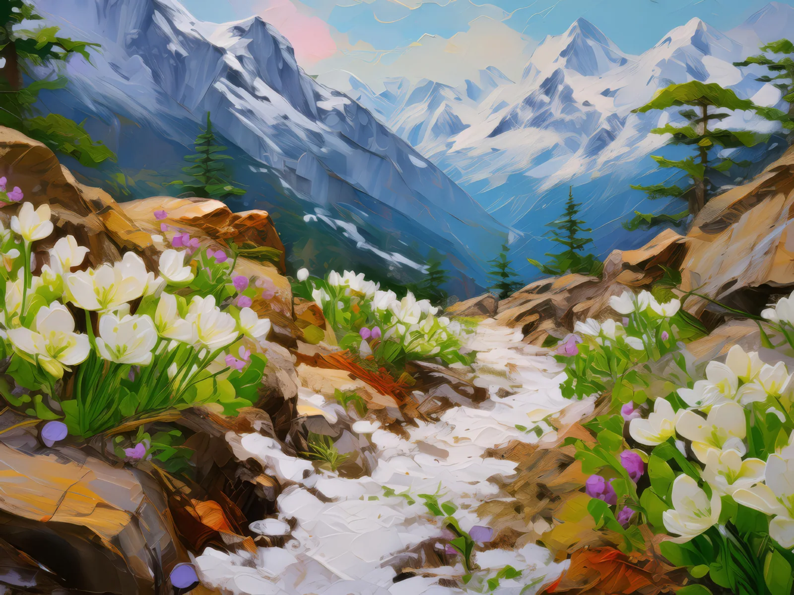 Alpine Spring Thaw, a palette-knife oil landscape by Emma Mickelberg