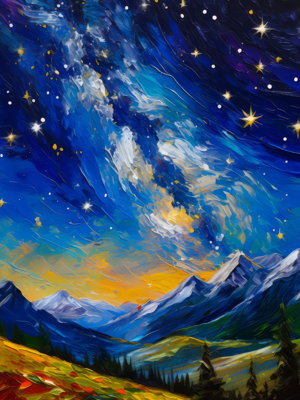 Alpine Starry Night Sky, a palette-knife oil landscape by Emma Mickelberg