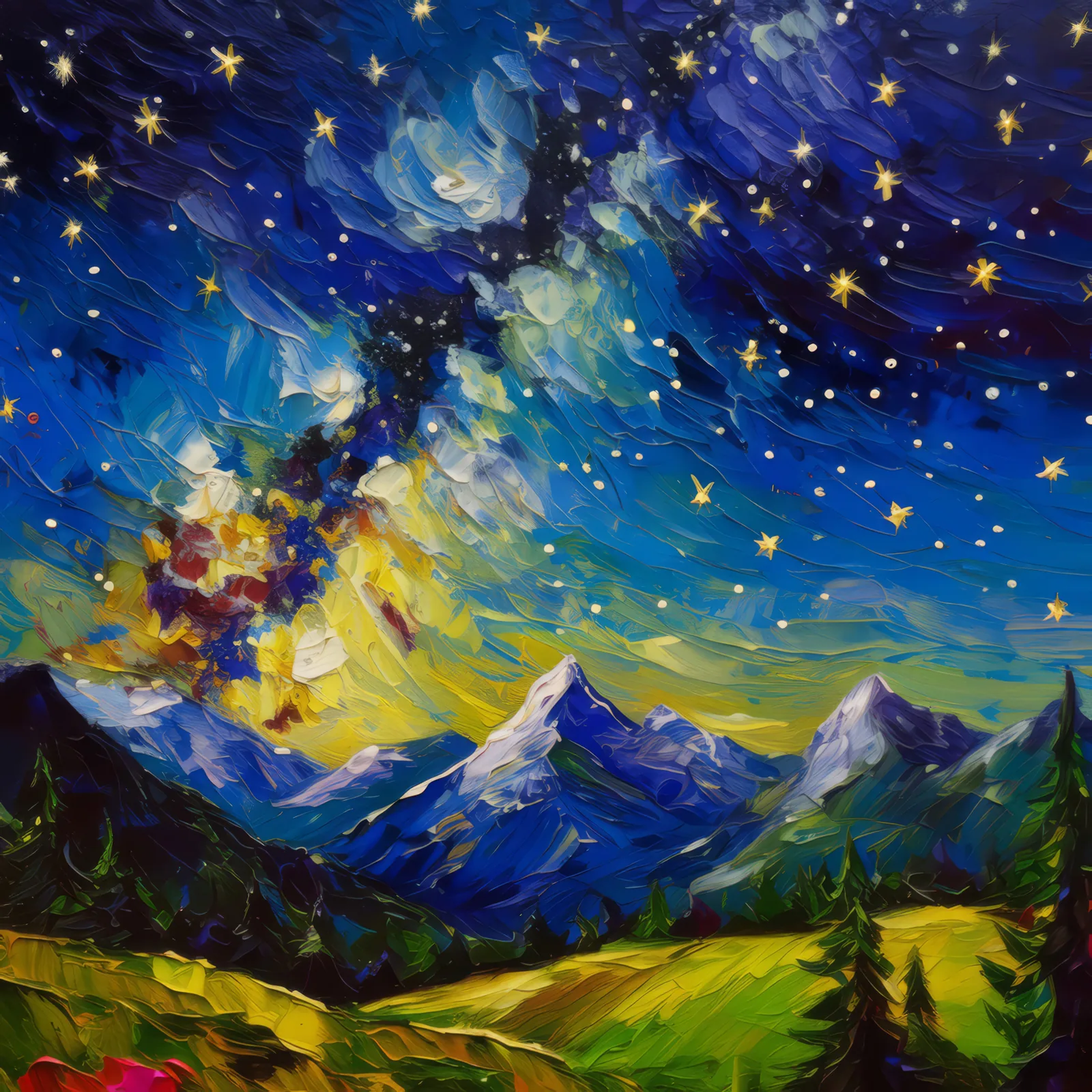 Alpine Starry Night, a palette-knife oil landscape by Emma Mickelberg