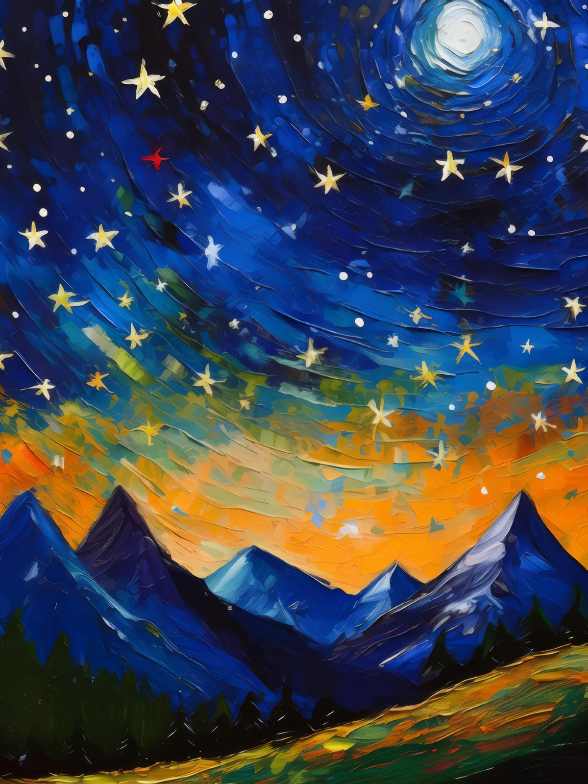 Alpine Starscape and Silhouettes, a palette-knife oil landscape by Emma Mickelberg