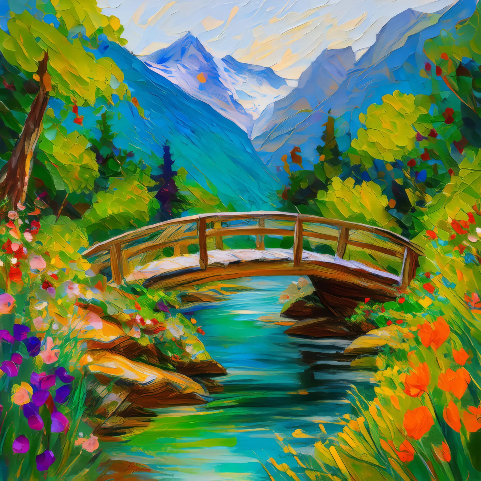 Alpine Stream Crossing, a palette-knife oil landscape by Emma Mickelberg