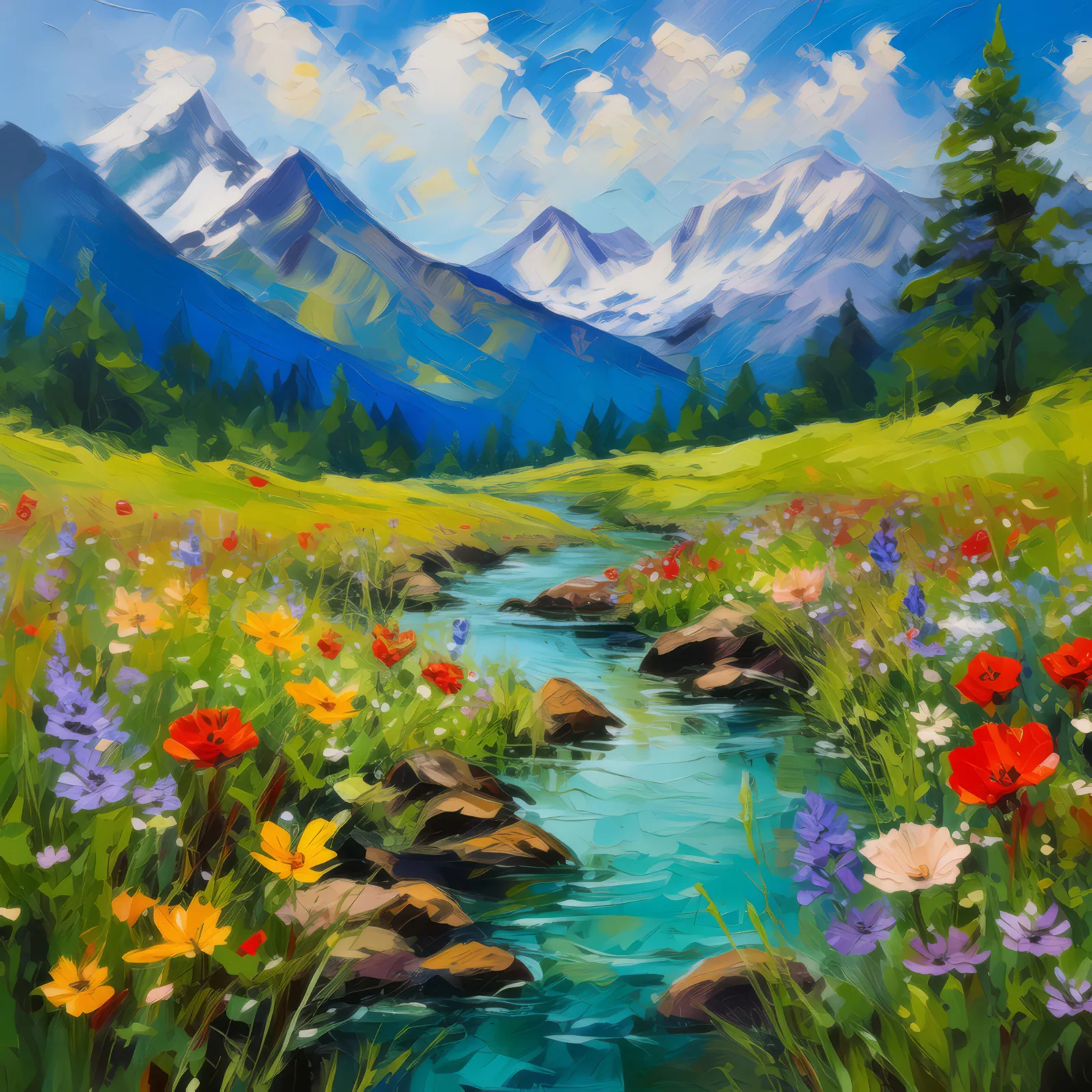 Alpine Stream Meadow, a palette-knife oil landscape by Emma Mickelberg