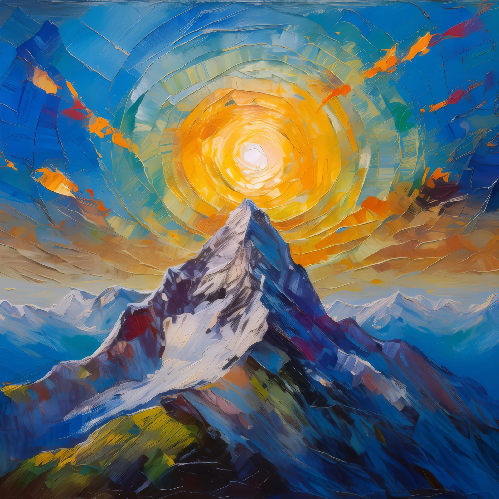 Alpine Summit at Noon, a palette-knife oil landscape by Emma Mickelberg