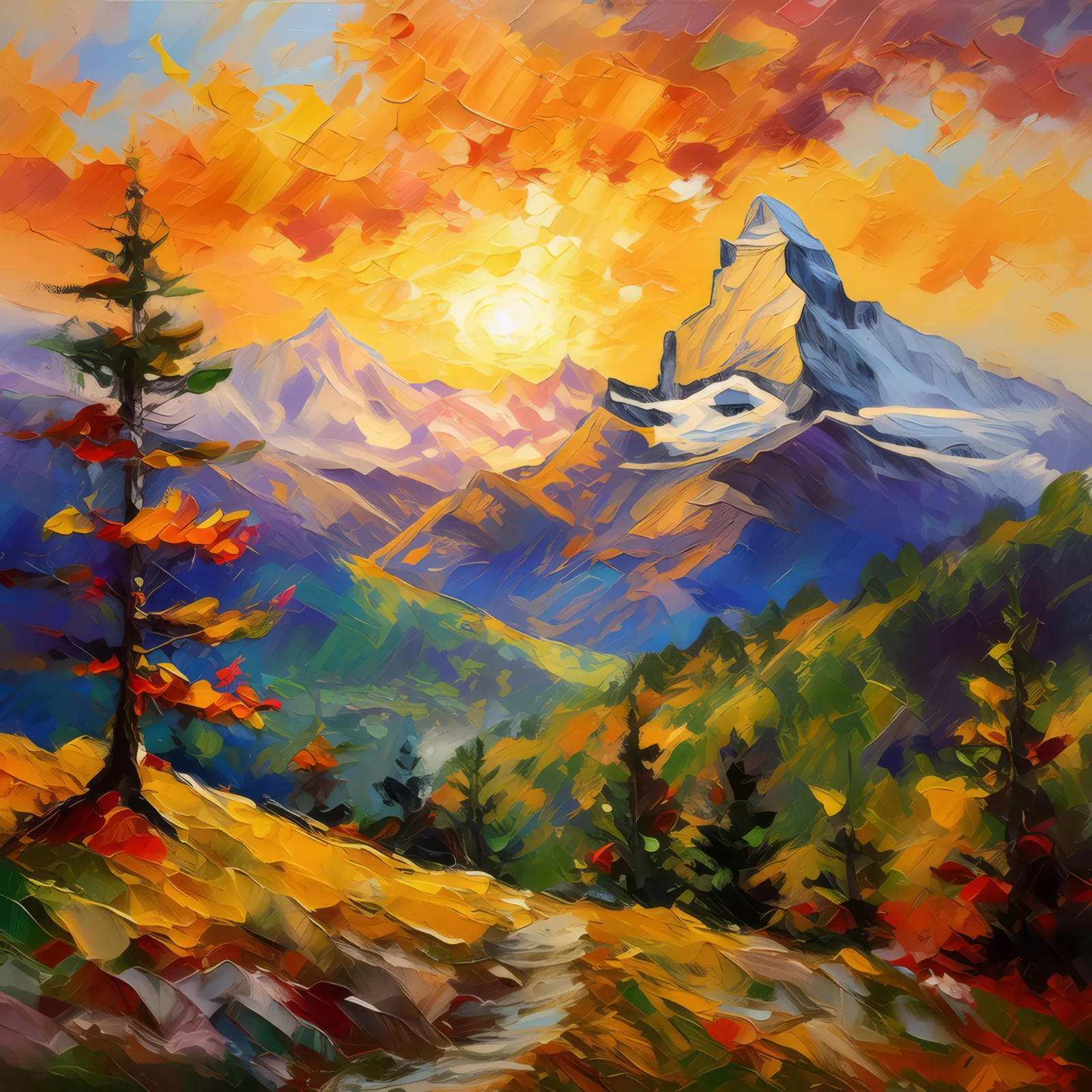 Alpine Sunrise Glow, a palette-knife oil landscape by Emma Mickelberg