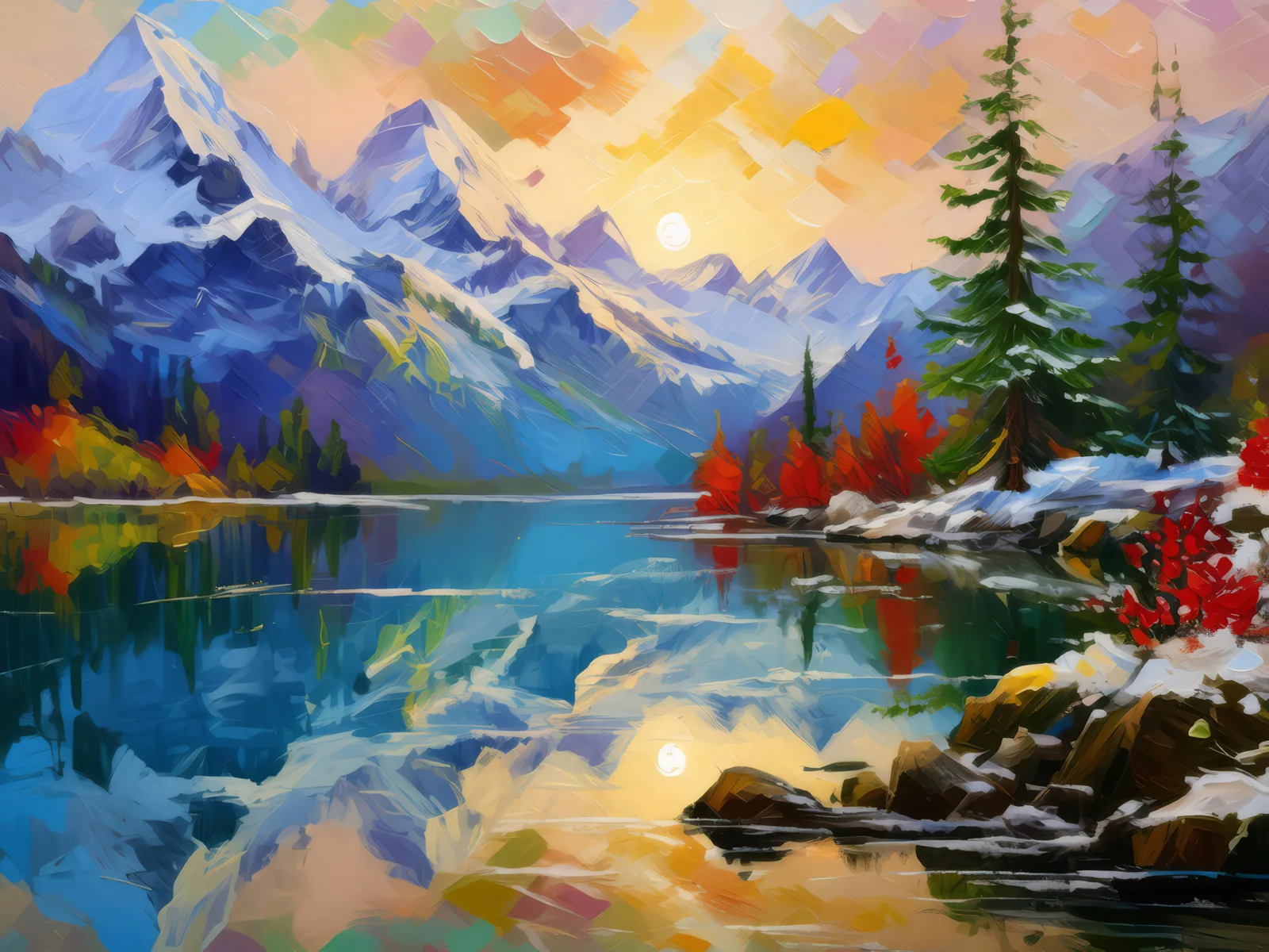 Alpine Sunrise Reflection, a palette-knife oil landscape by Emma Mickelberg