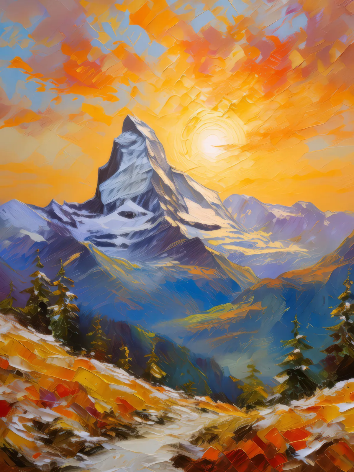 Alpine Sunrise Splendor, a palette-knife oil landscape by Emma Mickelberg
